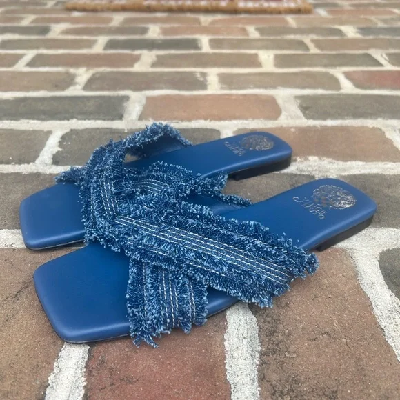 Vince Camuto Alanina Blue Denim Frayed Fringe Square Toe Flat Slides Mules 10 - Picture 4 of 8